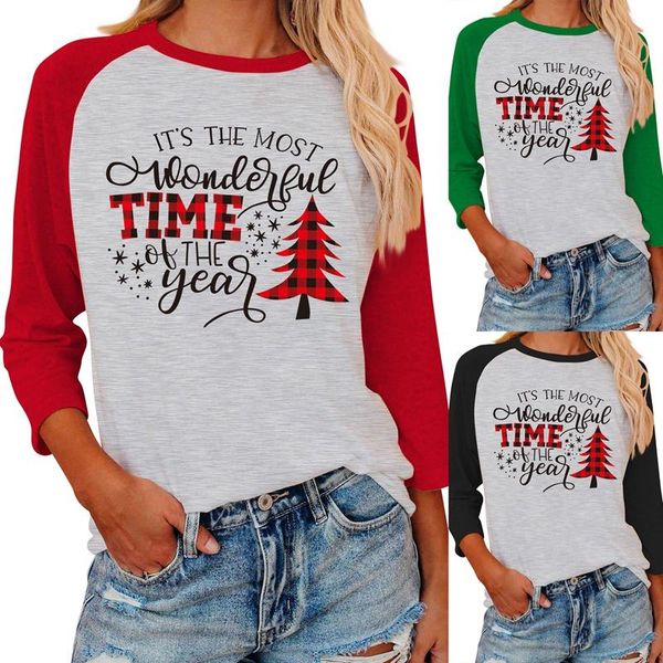 women's fashion casual christmas three-quarter sleeve cotton stitching t-shirt, White
women's fashion casual christmas three-quarter sleeve cotton stitching t-shirt, White