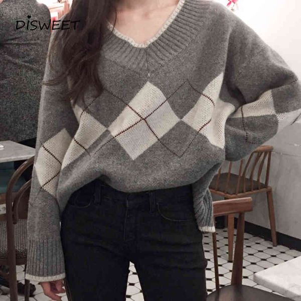 knits knitted v-neck women's college style argyle loose long-sleeved woman sweaters casual warm and slim women sweater, White
knits knitted v-neck women's college style argyle loose long-sleeved woman sweaters casual warm and slim women sweater, White