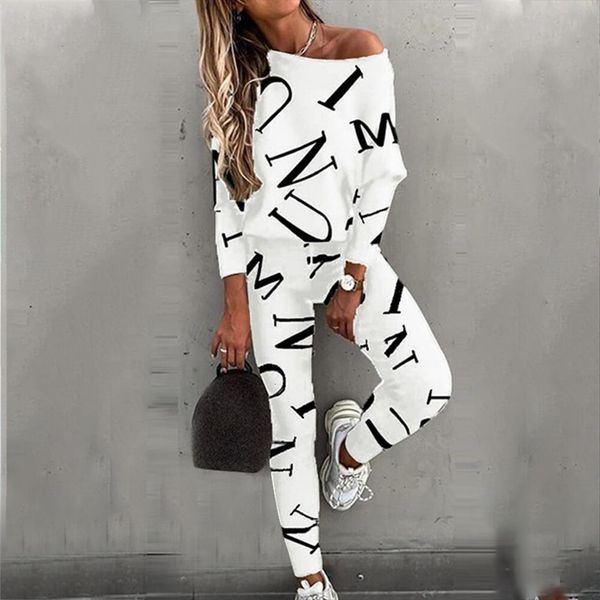 spring autumn casual outfit letters womenpant print long sleeve blouse pants tracksuit for sports 2 pieces sets, White 
spring autumn casual outfit letters womenpant print long sleeve blouse pants tracksuit for sports 2 pieces sets, White