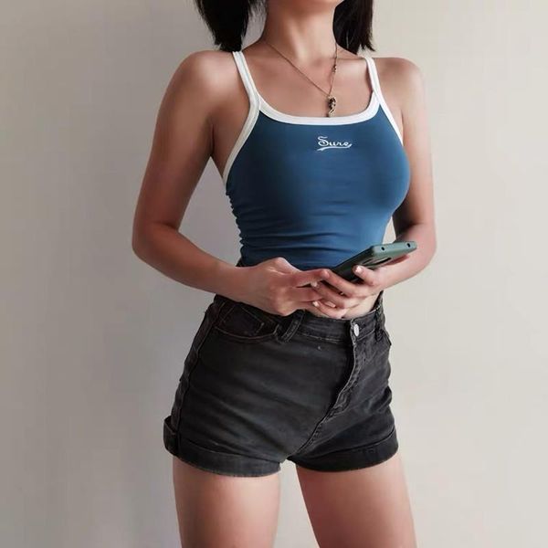 retro color matching vest halter embroidery blue camisole crop stretch fitness short women's tanks & camis, White
retro color matching vest halter embroidery blue camisole crop stretch fitness short women's tanks & camis, White
