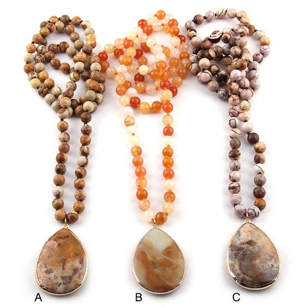 pendant necklaces fashion bohemian tribal jewelry semi precious stones knotted stone drop, Silver