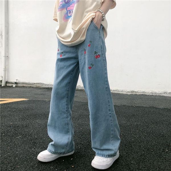 women's jeans summer women trousers female college style loose high waist wide leg pants straight vintage washed cherry embroidery, Blue
women's jeans summer women trousers female college style loose high waist wide leg pants straight vintage washed cherry embroidery, Blue