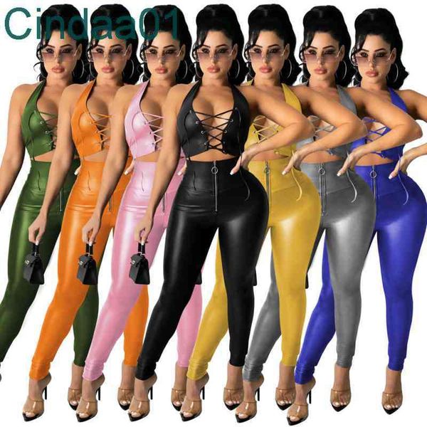 women two pieces pants set deisgner slim pu leather pants zipper small leg leather pants lace up vest suits solid outfits 7 colours, White
women two pieces pants set deisgner slim pu leather pants zipper small leg leather pants lace up vest suits solid outfits 7 colours, White