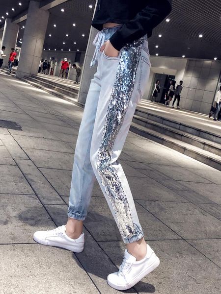 women's jeans streetwear elastic waist sequined 2021 spring and autumn women's clothing loose casual harem denim pants crop trouser, Blue
women's jeans streetwear elastic waist sequined 2021 spring and autumn women's clothing loose casual harem denim pants crop trouser, Blue