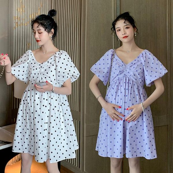 6215# maternity dress summer v neck plus size dot printing cotton short sleeves loose stylish pregnant women mom dresses, White
6215# maternity dress summer v neck plus size dot printing cotton short sleeves loose stylish pregnant women mom dresses, White