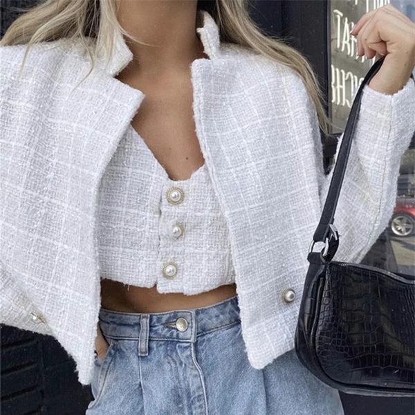 women blazers vintage coat black tweed blazer white notched collar lady double breasted crop pearl button, White;black
women blazers vintage coat black tweed blazer white notched collar lady double breasted crop pearl button, White;black