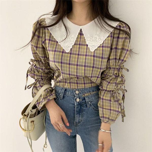 women's blouses & shirts alien kitty high waist geometric lace-up 2021 sweet all match plaid chic korean elegance girls gentle women, White
women's blouses & shirts alien kitty high waist geometric lace-up 2021 sweet all match plaid chic korean elegance girls gentle women, White