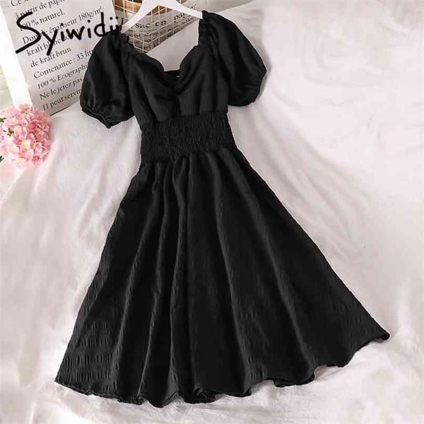 black dress for women summer korean elastic waist v neck short puff sleeve fashion casual a-line midi dresses 210607, Black;gray
black dress for women summer korean elastic waist v neck short puff sleeve fashion casual a-line midi dresses 210607, Black;gray