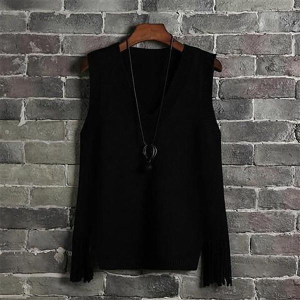 autumn and winter solid color sweater sleeveless tassel v-neck casual wild vest korean knitted all matching pullover women's sweaters, White;black
autumn and winter solid color sweater sleeveless tassel v-neck casual wild vest korean knitted all matching pullover women's sweaters, White;black