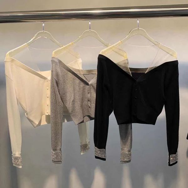 2021 spring summer sweater fashion classic trendy brand design mesh stitching long sleeve women woolen diamond, White;black