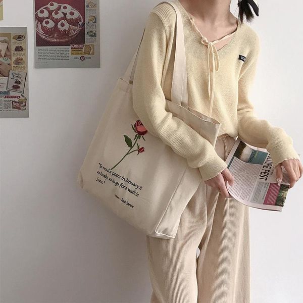 evening bags women canvas shoulder bag jean- sartre rose embroidery shopping cotton cloth handbag tote books for college girls