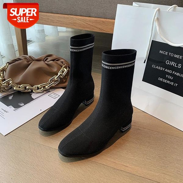 stretch socks boots women shoes mid-calf square heels riband leters breathtable sock shoe motorcycle boots #g64k