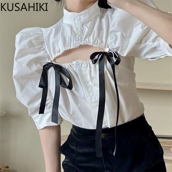 women's blouses & shirts kusahiki bow tie hollow-out blouse shirt korean stand neck puff short sleeve blusas 2021 summer slim women top, White
women's blouses & shirts kusahiki bow tie hollow-out blouse shirt korean stand neck puff short sleeve blusas 2021 summer slim women top, White