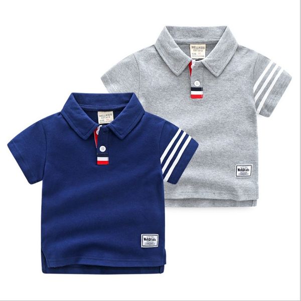 

2021 Gentleman Style Boys T-shirts Polos Summer Kids Striped Short Sleeve T-shirt Cotton Turn-down Collar Children Casual Shirt Child Tops Tees 2-7 Years, Gray