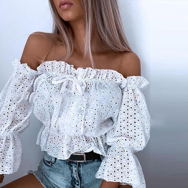 women's blouses & shirts hollow out off shoulder lace up women blouse ruffles solid slash neck girls summer elegant fashion casual, White
women's blouses & shirts hollow out off shoulder lace up women blouse ruffles solid slash neck girls summer elegant fashion casual, White