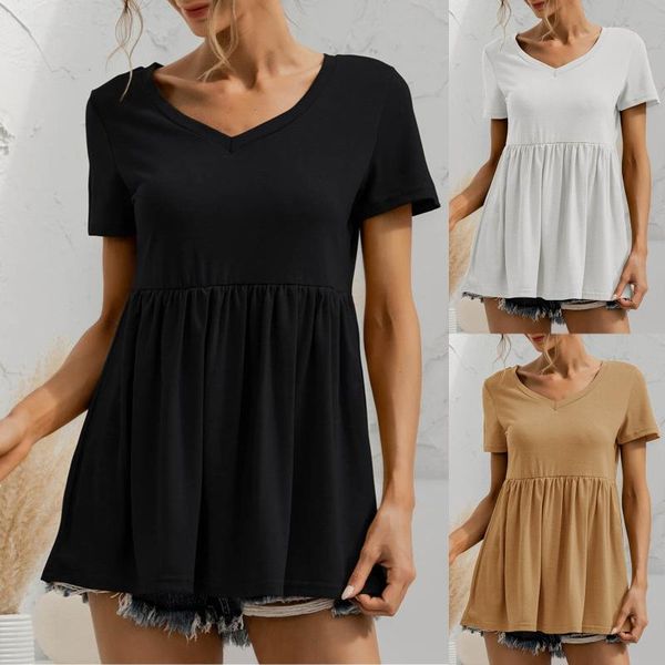 women's t-shirt women solid pleats ruched v-neck short sleeve irregular spring summer 2021 fashion damskie t-shirty loose, White 
women's t-shirt women solid pleats ruched v-neck short sleeve irregular spring summer 2021 fashion damskie t-shirty loose, White