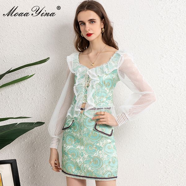 fashion runway summer short jacquard skirts suit women's ruffle mesh long sleeve and 2 pieces set 210524, White
fashion runway summer short jacquard skirts suit women's ruffle mesh long sleeve and 2 pieces set 210524, White