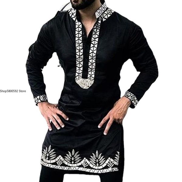 men's casual shirts african ethnic style long-sleeved shirt loose print stand-up collar fashion long, White;black 
men's casual shirts african ethnic style long-sleeved shirt loose print stand-up collar fashion long, White;black