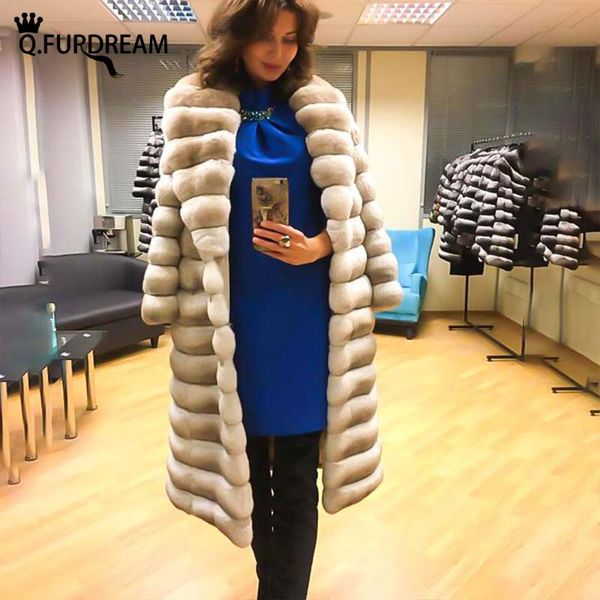 women's fur & faux q.furdream 2021 woman real rex long coat big lapel autumn winter warm thick outerwear fashion luxury jacket, Black