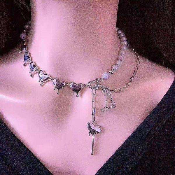 korean luminous ball metal chain heart stitching necklace punk hip hop choker lock pendant clavicle fashion sweet jewelry chains, Silver 
korean luminous ball metal chain heart stitching necklace punk hip hop choker lock pendant clavicle fashion sweet jewelry chains, Silver