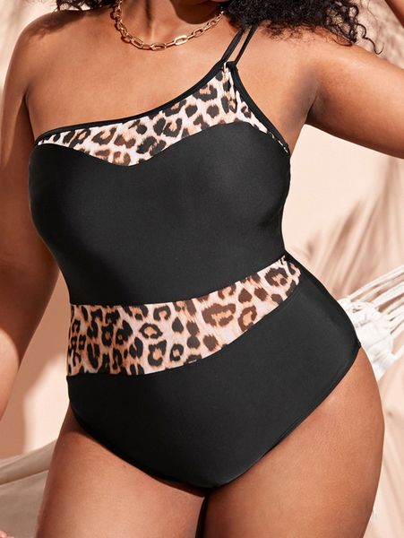 plus contrast leopard one shoulder one piece swimsuit v7o4#, Black
plus contrast leopard one shoulder one piece swimsuit v7o4#, Black