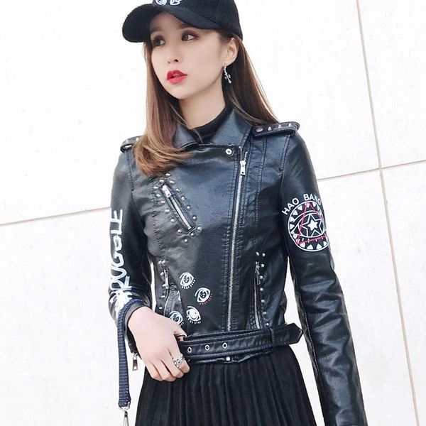 women's leather & faux jeyzy autumn women female rivets letters print motorcycle short biker coat jacket punk outwear, Black
women's leather & faux jeyzy autumn women female rivets letters print motorcycle short biker coat jacket punk outwear, Black