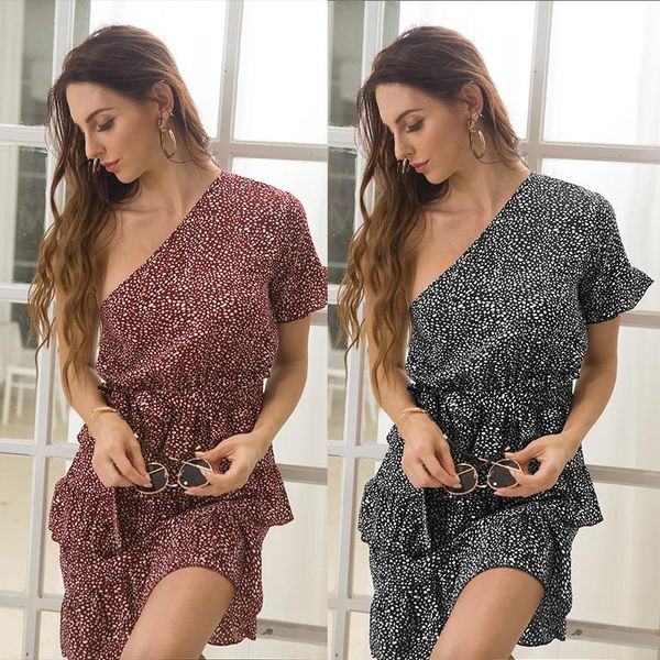 dress women's fashion summer black slim floral chiffon female off-shoulder diagonal pleated casual dresses, Black;gray 
dress women's fashion summer black slim floral chiffon female off-shoulder diagonal pleated casual dresses, Black;gray