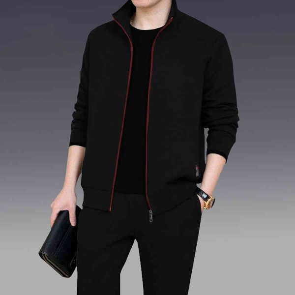 middle aged elderly autumn and winter two-piece trend cardigan leisure sports suit versatile simple busins men's cloth, Black