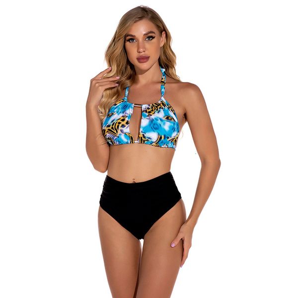 new women's 2021 open back neck strap split swimsuit bikini, White;black
