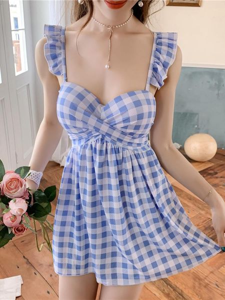 one-piece suits 2021 korean women one piece swimwear blue plaid v-neck cross strap neckline stringy ruched selvedge belted skirt suit
one-piece suits 2021 korean women one piece swimwear blue plaid v-neck cross strap neckline stringy ruched selvedge belted skirt suit