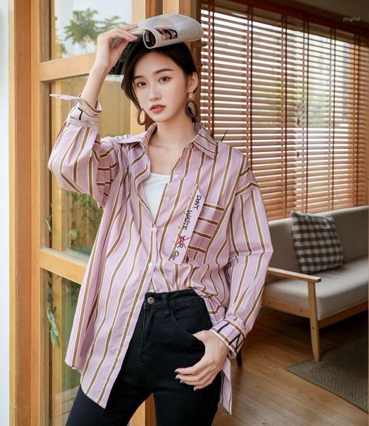 women's blouses & shirts striped shirt long-sleeved korean alphabet embroidered loose top, White
women's blouses & shirts striped shirt long-sleeved korean alphabet embroidered loose top, White