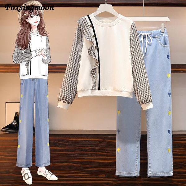 women's two piece pants women casual sweatshirt 2 pieces set suit embroidered high waist jeans sets korean long sleeve fashion, White
women's two piece pants women casual sweatshirt 2 pieces set suit embroidered high waist jeans sets korean long sleeve fashion, White