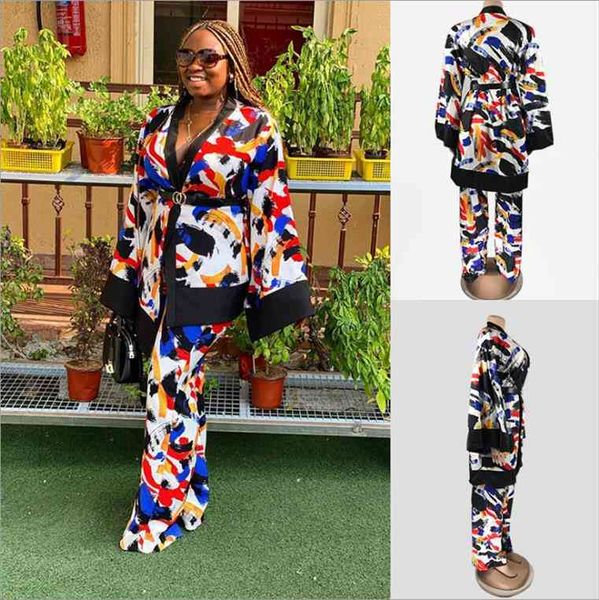 fashion colorful printing loose womenpant two piece sets arrivals v neck coats sashes high waist pants outfits, White
fashion colorful printing loose womenpant two piece sets arrivals v neck coats sashes high waist pants outfits, White