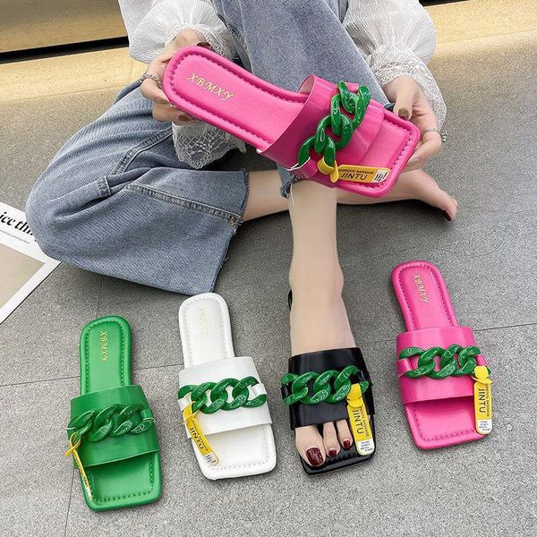 slippers big gold chain women's summer agency upper flat sandals beige slid for female metallic, Black
slippers big gold chain women's summer agency upper flat sandals beige slid for female metallic, Black