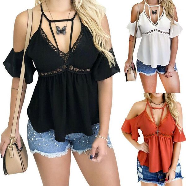 style summer blouse solid ruffles sleeve women short v neck chiffon strappy hollow out women's blouses & shirts, White
style summer blouse solid ruffles sleeve women short v neck chiffon strappy hollow out women's blouses & shirts, White