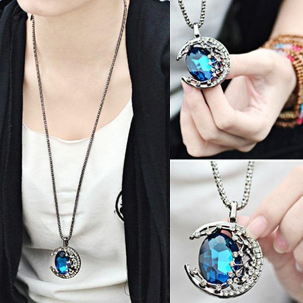 pendant necklaces women's gem moon long necklace crystal retro sweater chain, Silver
pendant necklaces women's gem moon long necklace crystal retro sweater chain, Silver