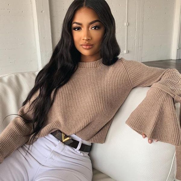 women's sweaters retro autumn knit long-sleeved sweater round neck solid color slim-fit trumpet sleeve strap casual khaki crop top, White;black
women's sweaters retro autumn knit long-sleeved sweater round neck solid color slim-fit trumpet sleeve strap casual khaki crop top, White;black