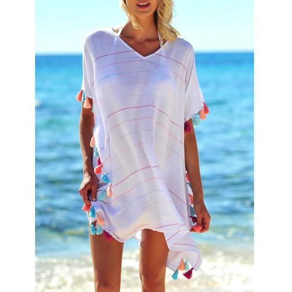 women's swimwear ladies striped printed fringe swimsuit bikini blouse long skirt v neck beach dress, White;black 
women's swimwear ladies striped printed fringe swimsuit bikini blouse long skirt v neck beach dress, White;black