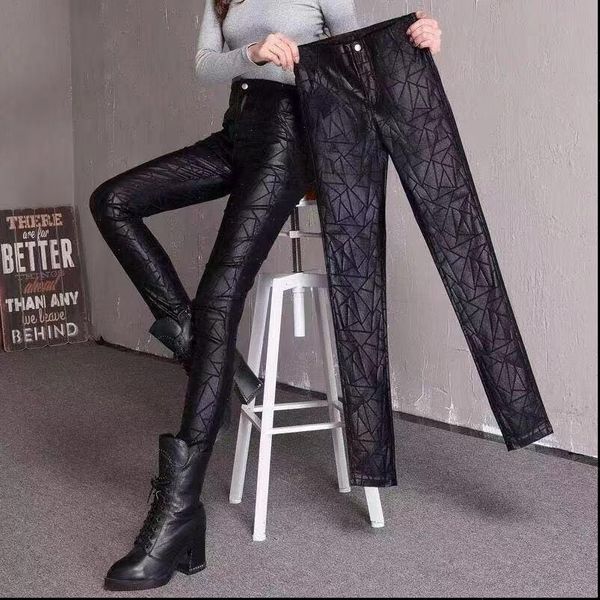 winter warm pu leather women pants velvet trousers elastic pencil skinny, Black;white