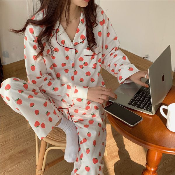 women's sleepwear full cotton korean strawberry print sweet home clothes spring autumn pajamas for women long sleeve cardigan + pa, Black;red
women's sleepwear full cotton korean strawberry print sweet home clothes spring autumn pajamas for women long sleeve cardigan + pa, Black;red