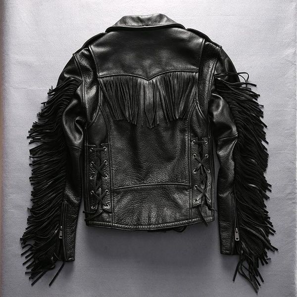 men's leather & faux tassel motorcycle with belt rock stylish genuine coat men short slim fit cowhide biker jacket male, Black
men's leather & faux tassel motorcycle with belt rock stylish genuine coat men short slim fit cowhide biker jacket male, Black