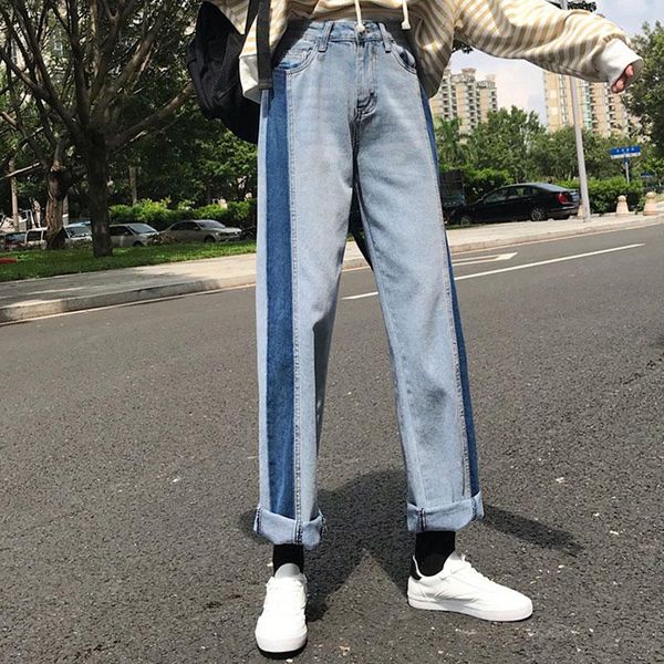women's jeans stitching contrast color high waist summer korean version loose thin women straight casual trousers tide, Blue
women's jeans stitching contrast color high waist summer korean version loose thin women straight casual trousers tide, Blue