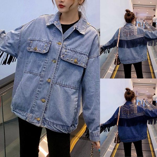 women's jackets denim female jacket autumn vintage embroidery tassel loose coat long sleeve outerwear for women streetwear casaco 2021, Black;brown
women's jackets denim female jacket autumn vintage embroidery tassel loose coat long sleeve outerwear for women streetwear casaco 2021, Black;brown