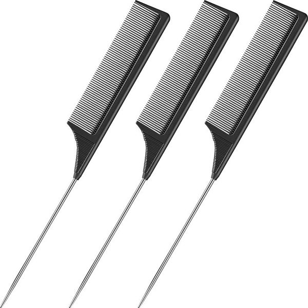 hair brushes 3 packs rat tail comb steel pin carbon fiber heat resistant teasing combs with stainless pintail, Silver
hair brushes 3 packs rat tail comb steel pin carbon fiber heat resistant teasing combs with stainless pintail, Silver