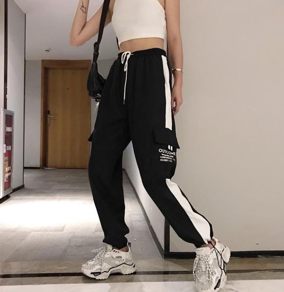 

nieuwe joggers women's pants & capris broek grote zakken cargo vrouwen hoge taille losse streetwear baggy tactische hip hop, Black;white