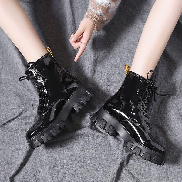 women motorcycle ankle boots wedges punk female lace up platforms winter patent leather for shoes, Black
women motorcycle ankle boots wedges punk female lace up platforms winter patent leather for shoes, Black