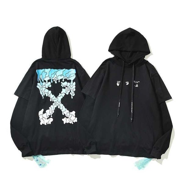 2021 autumn winter off new cordon arrow print casual fake two hooded terry sweater for men and women, Black
2021 autumn winter off new cordon arrow print casual fake two hooded terry sweater for men and women, Black