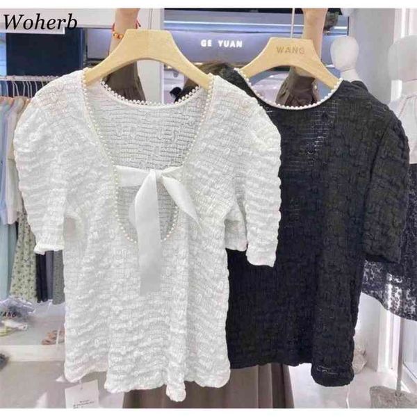 bow bandage pearl beading blouse women white black casual all match shirt korean chic elegant solid blusas cute 210519
bow bandage pearl beading blouse women white black casual all match shirt korean chic elegant solid blusas cute 210519