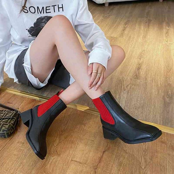 spring/autumn women's boots square toe chunky heel fashion boots low-heel genuine leather slip-on boots for women 210507, Black