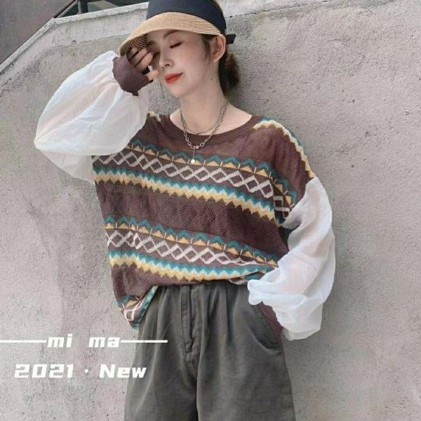 women's sweaters vintage knitted woman long sleeve colorblock patchwork causal pullover women thin female ins sweater, White;black
women's sweaters vintage knitted woman long sleeve colorblock patchwork causal pullover women thin female ins sweater, White;black